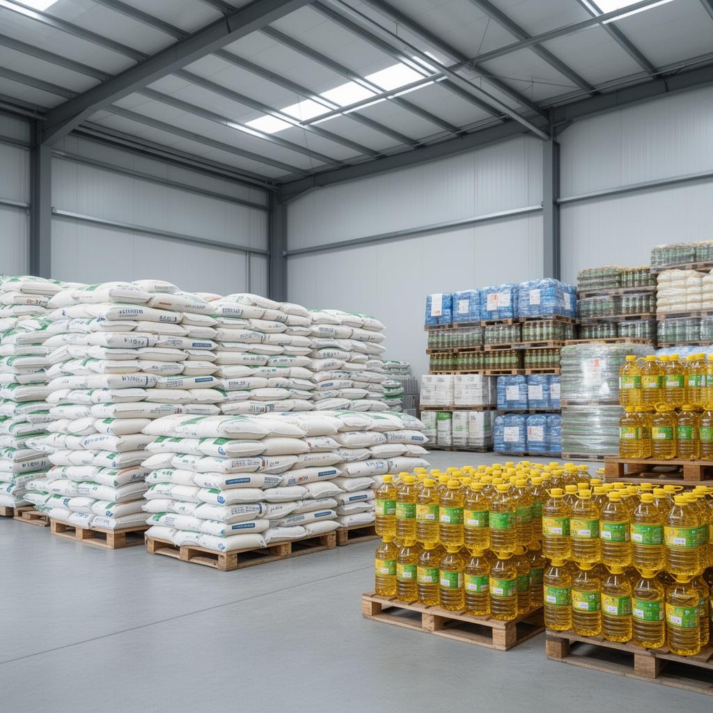 Warehouse of rice, sugar and edible oil products representing commodities import and distribution.