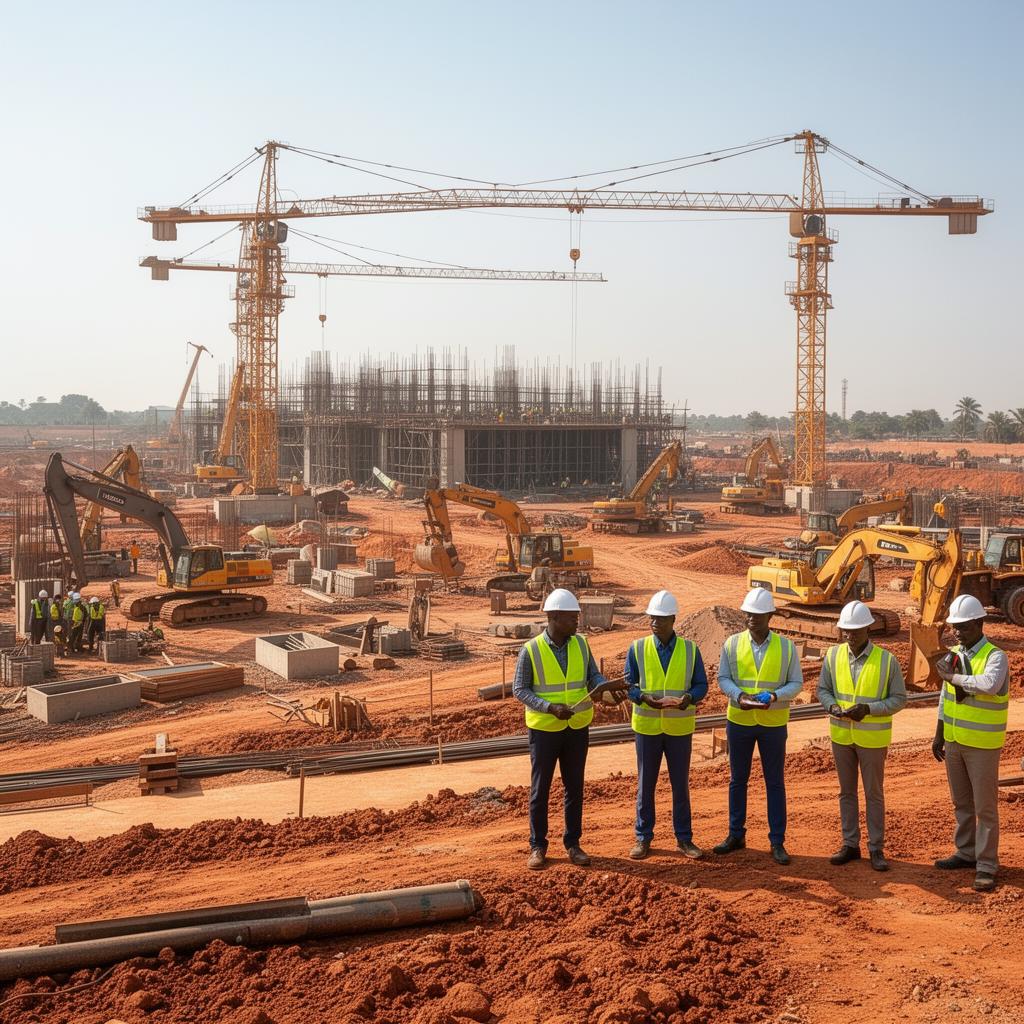 Construction site with engineers and heavy equipment representing BTP and equipment procurement.