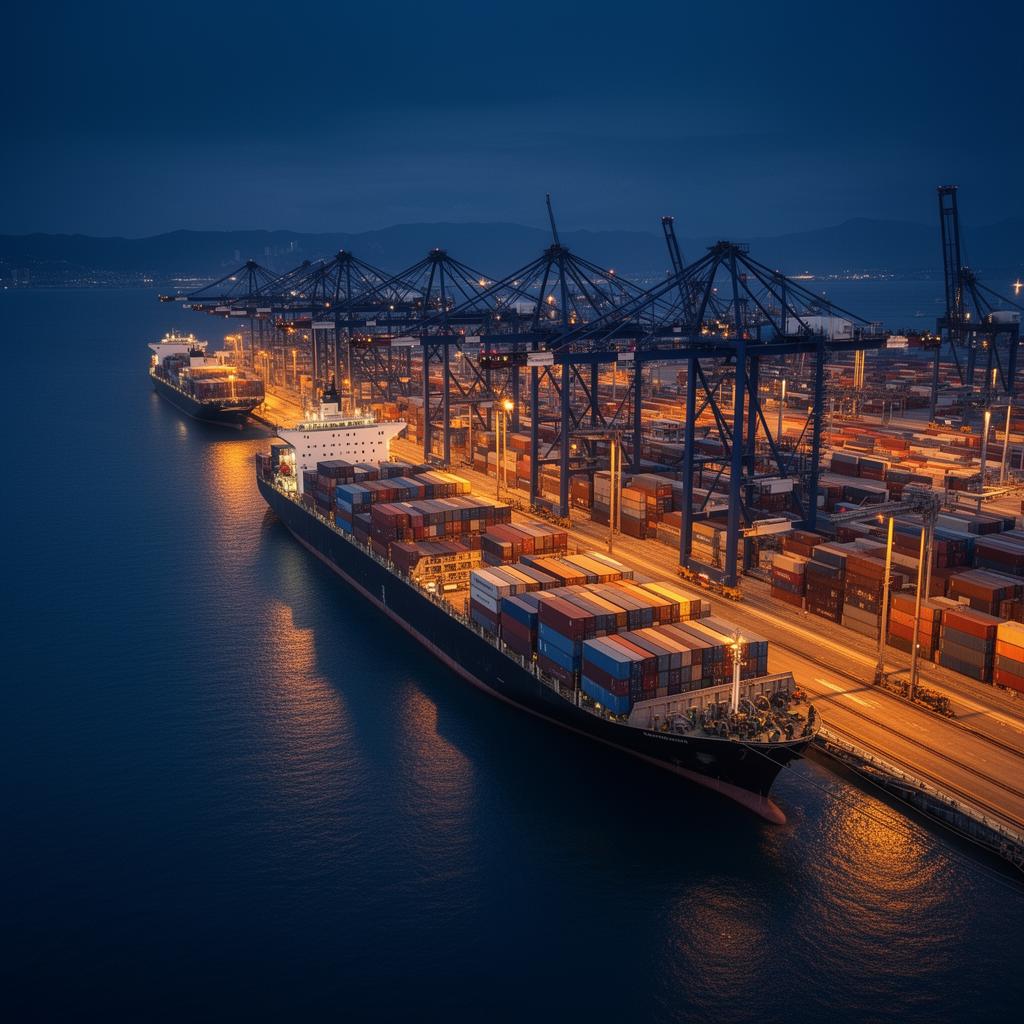 Container port and cargo ship representing import-export and general trade.