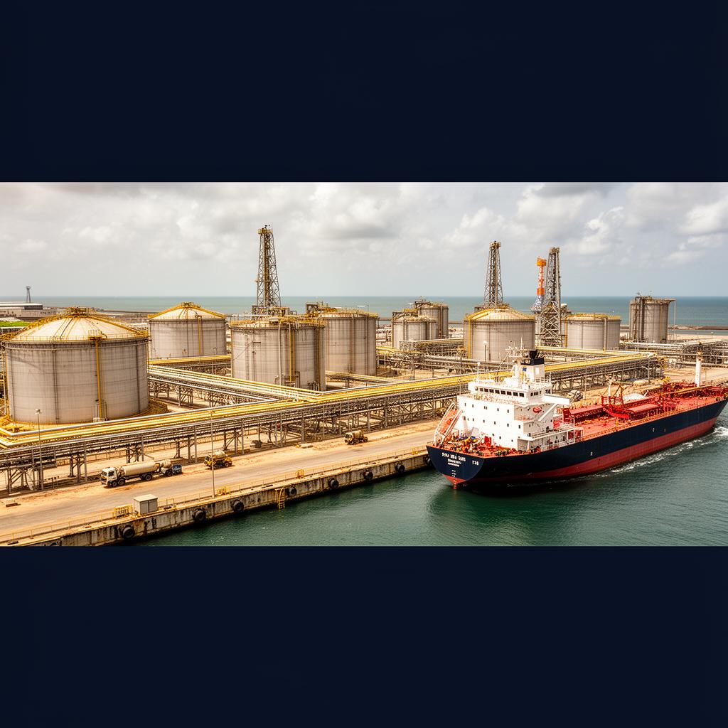 Oil storage tanks and tanker vessel representing petroleum import and supply.