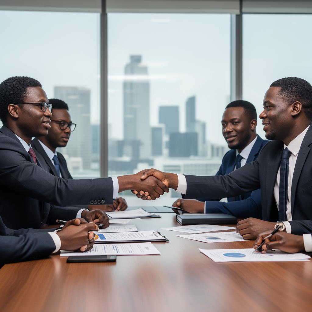 Business executives in meeting representing commercial representation and partnerships.